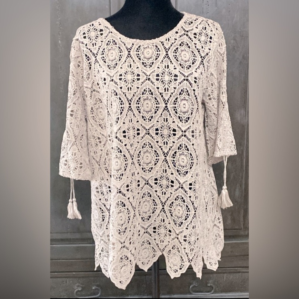 Cato Tan Lace/ Embroidered Tunic/ cover up- Size Large